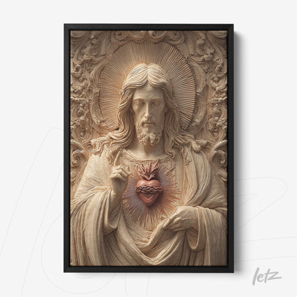 quadro com arte de Cristo Sagrado Coração em relevo, moldura preta e fundo claro