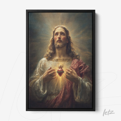 quadro com arte religiosa de Jesus Cristo em moldura preta, destacando o Sagrado Coração iluminado