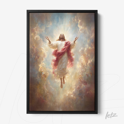 quadro com arte religiosa ilustrando Jesus Cristo subindo aos céus em moldura preta