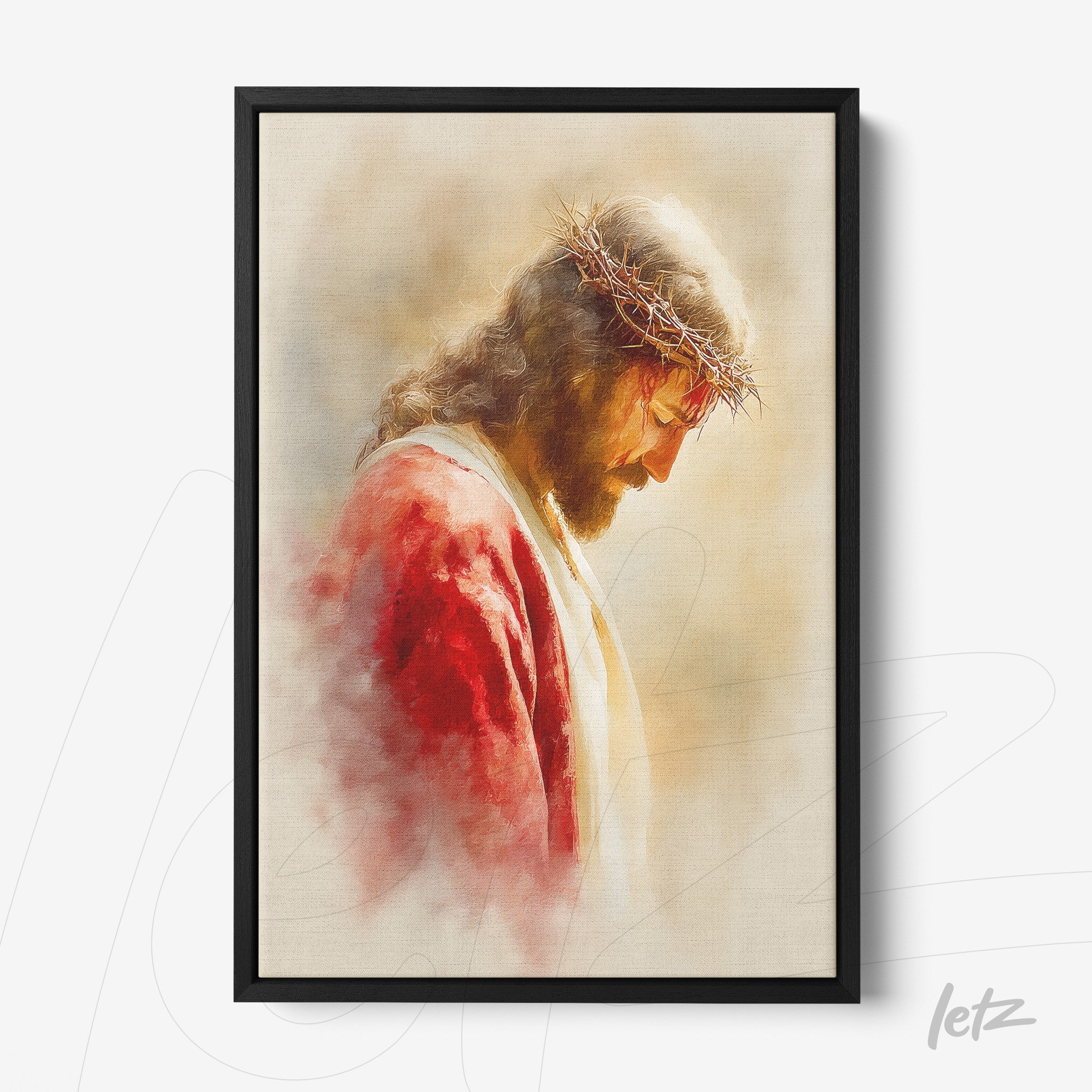 quadro com arte de Jesus com coroa de espinhos, em moldura preta fina e fundo suave em tons neutros