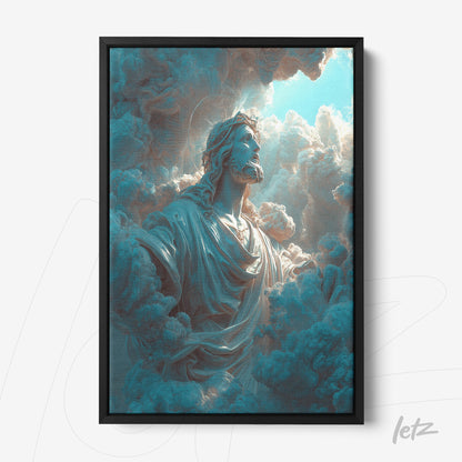 quadro com arte religiosa de figura divina emergindo entre nuvens em moldura preta