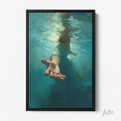 quadro em canvas com representação artística de uma mão estendida sob a água com tons de azul e verdes, em moldura preta