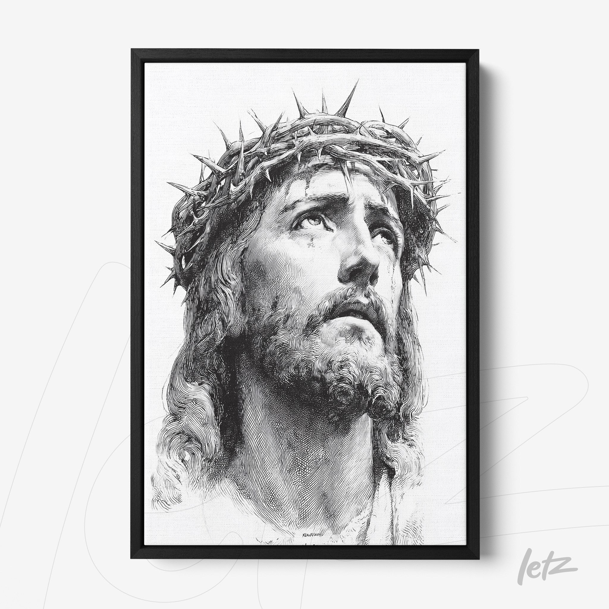 quadro emoldurado com retrato em preto e branco de Jesus Cristo com coroa de espinhos