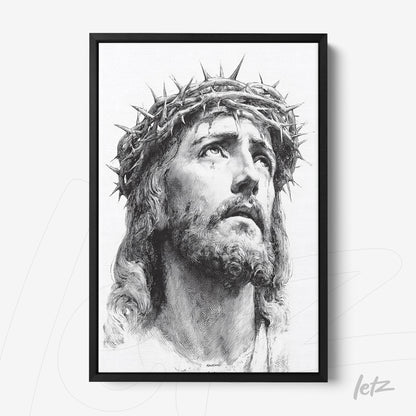 quadro emoldurado com retrato em preto e branco de Jesus Cristo com coroa de espinhos
