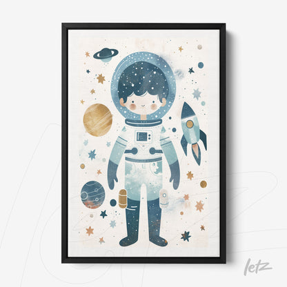 quadro com arte infantil de astronauta em fundo espacial colorido, moldura preta