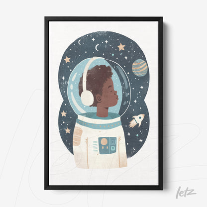 quadro com ilustração de um astronauta negro em fundo estrelado, moldura preta