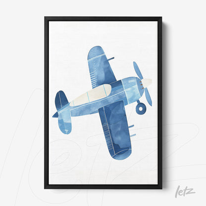 quadro com ilustração aquarelada de avião em tonalidades de azul com moldura preta