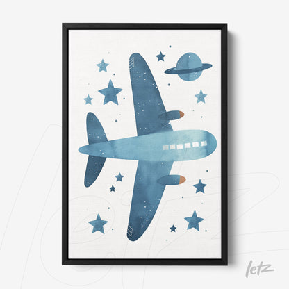 quadro com arte aquarela de avião em tom azul com estrelas e planeta no fundo, moldura preta