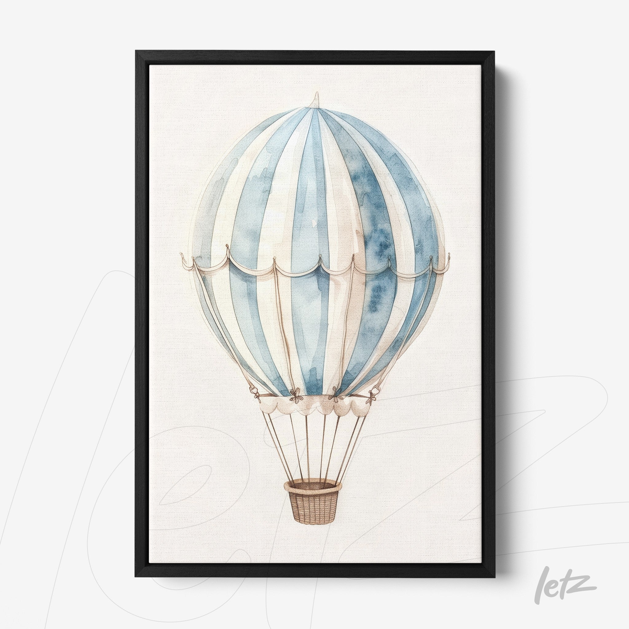 quadro com ilustração de balão de ar quente em tons de azul com moldura preta