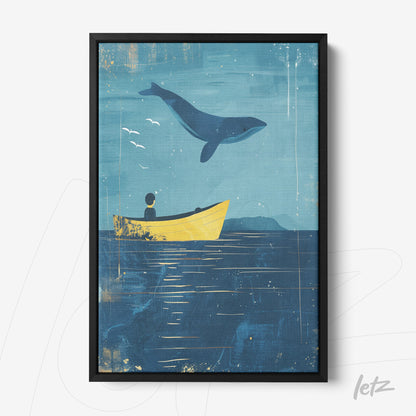 quadro com arte digital de uma pessoa em um barco amarelo observando uma baleia saltando em fundo azul