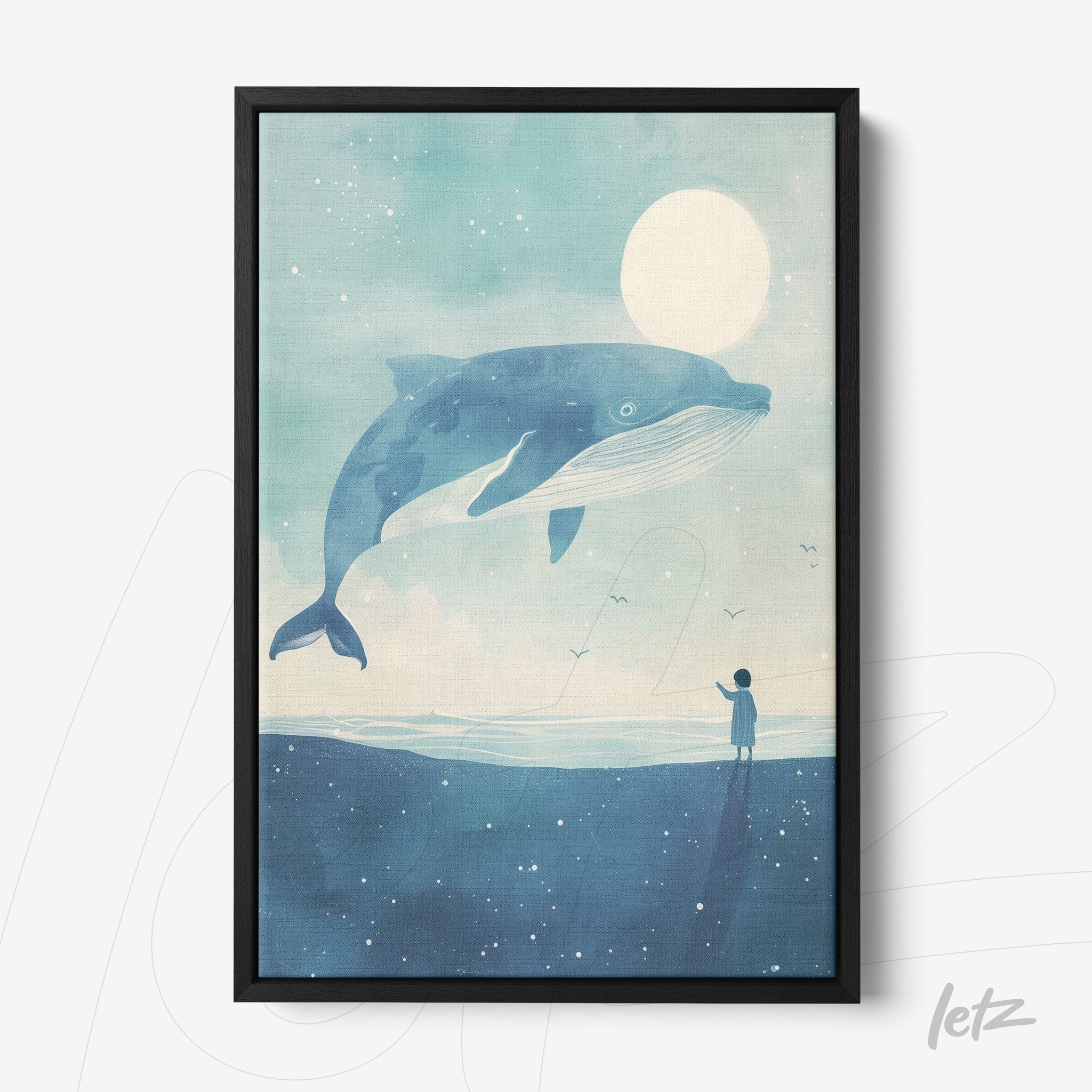 quadro com arte digital de uma baleia azul sobreposta a uma cena de mar com uma figura humana pequena e lua cheia em fundo azul