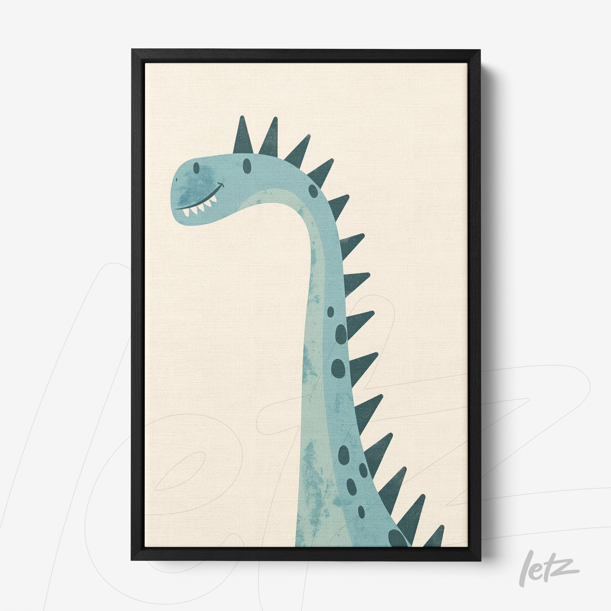 quadro com arte infantil de dinossauro azul com textura suave em moldura preta