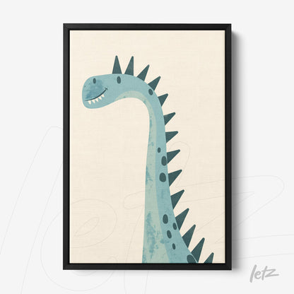 quadro com arte infantil de dinossauro azul com textura suave em moldura preta
