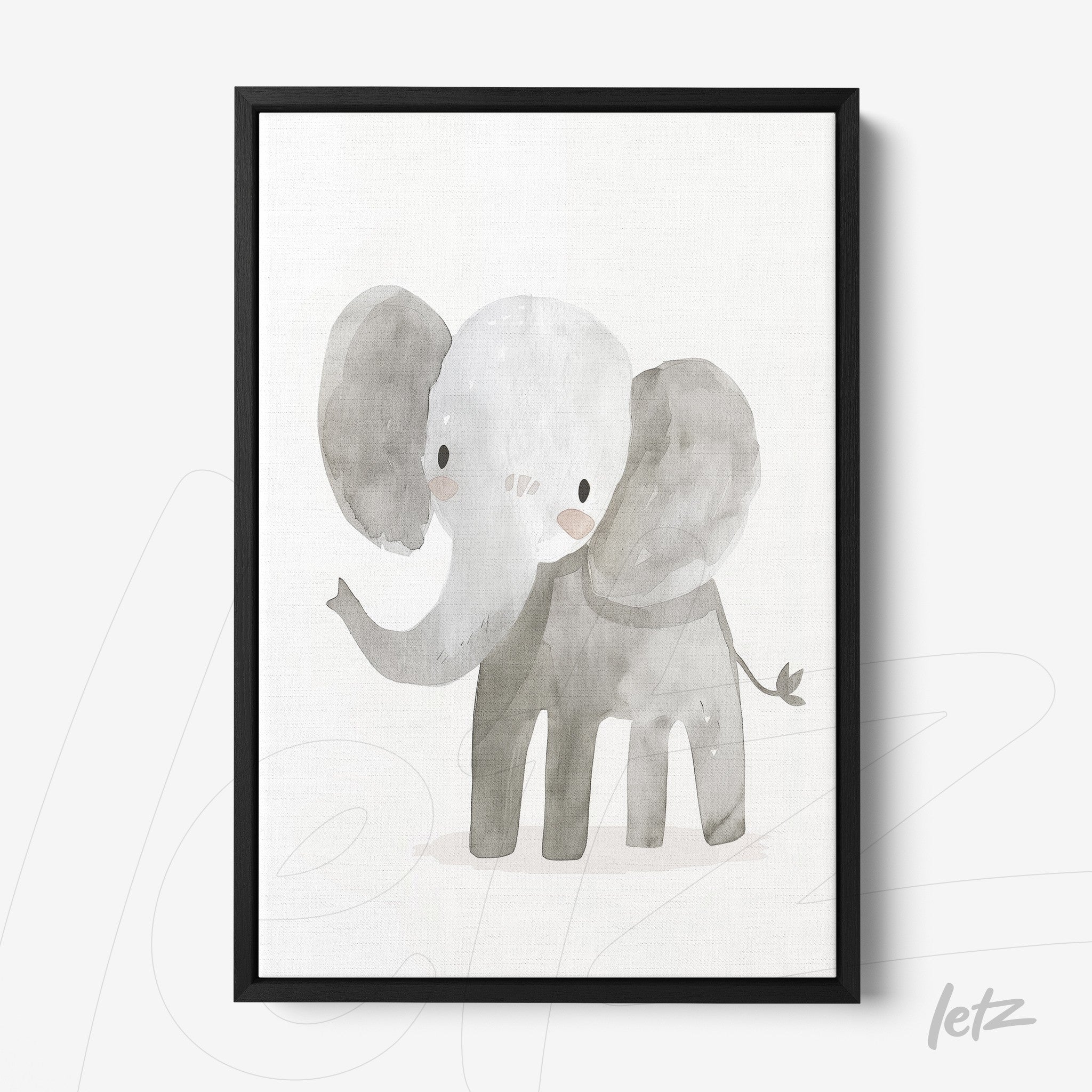 quadro com ilustração infantil de elefante em aquarela com moldura preta