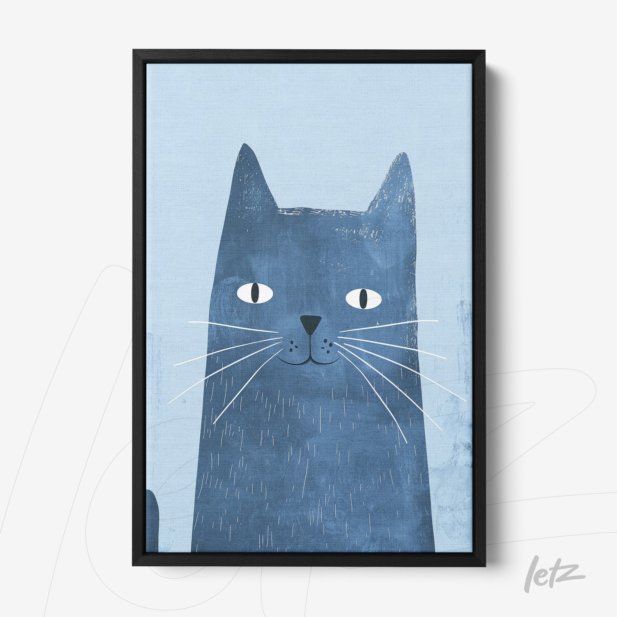 quadro com arte de gato em fundo azul claro, moldura preta