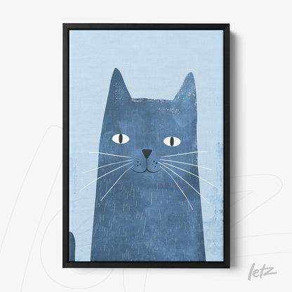 quadro com arte de gato em fundo azul claro, moldura preta