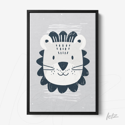 quadro com ilustração de leão estilizado em fundo cinza com moldura preta