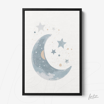 quadro com ilustração de lua e estrelas em tons de azul e bege, moldura preta