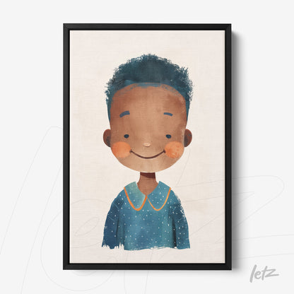 quadro com ilustração infantil de garoto sorridente com cabelo crespo e camisa azul em moldura preta