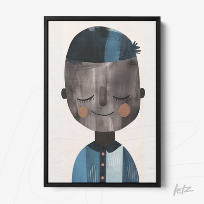 quadro em moldura preta com ilustração de figura masculina sorridente usando camisa azul e detalhes em marrom