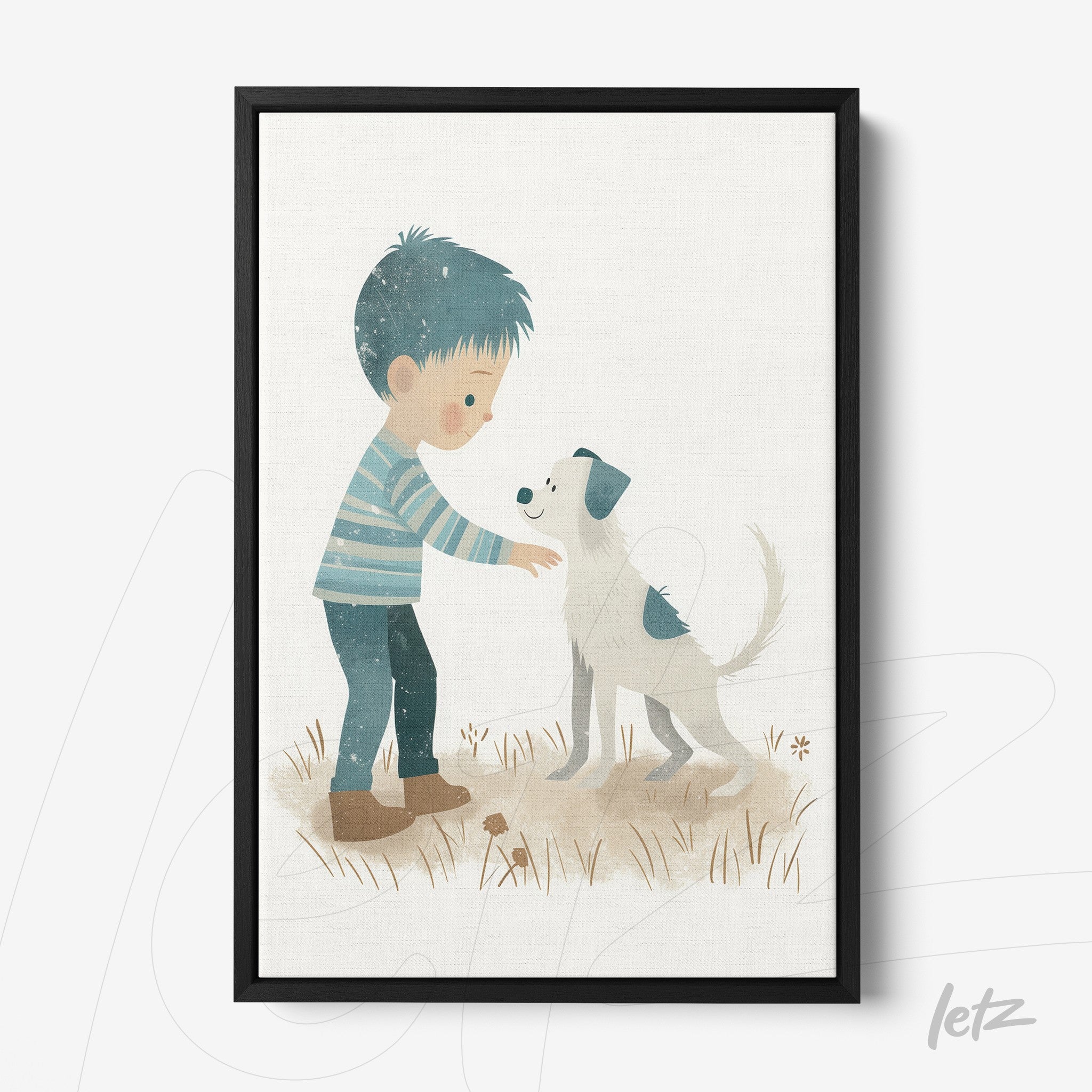 quadro com ilustração infantil de menino interagindo com cachorro em moldura preta