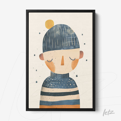 quadro em canvas retratando uma figura abstrata com roupas listradas e chapéu, com fundo em tons suaves