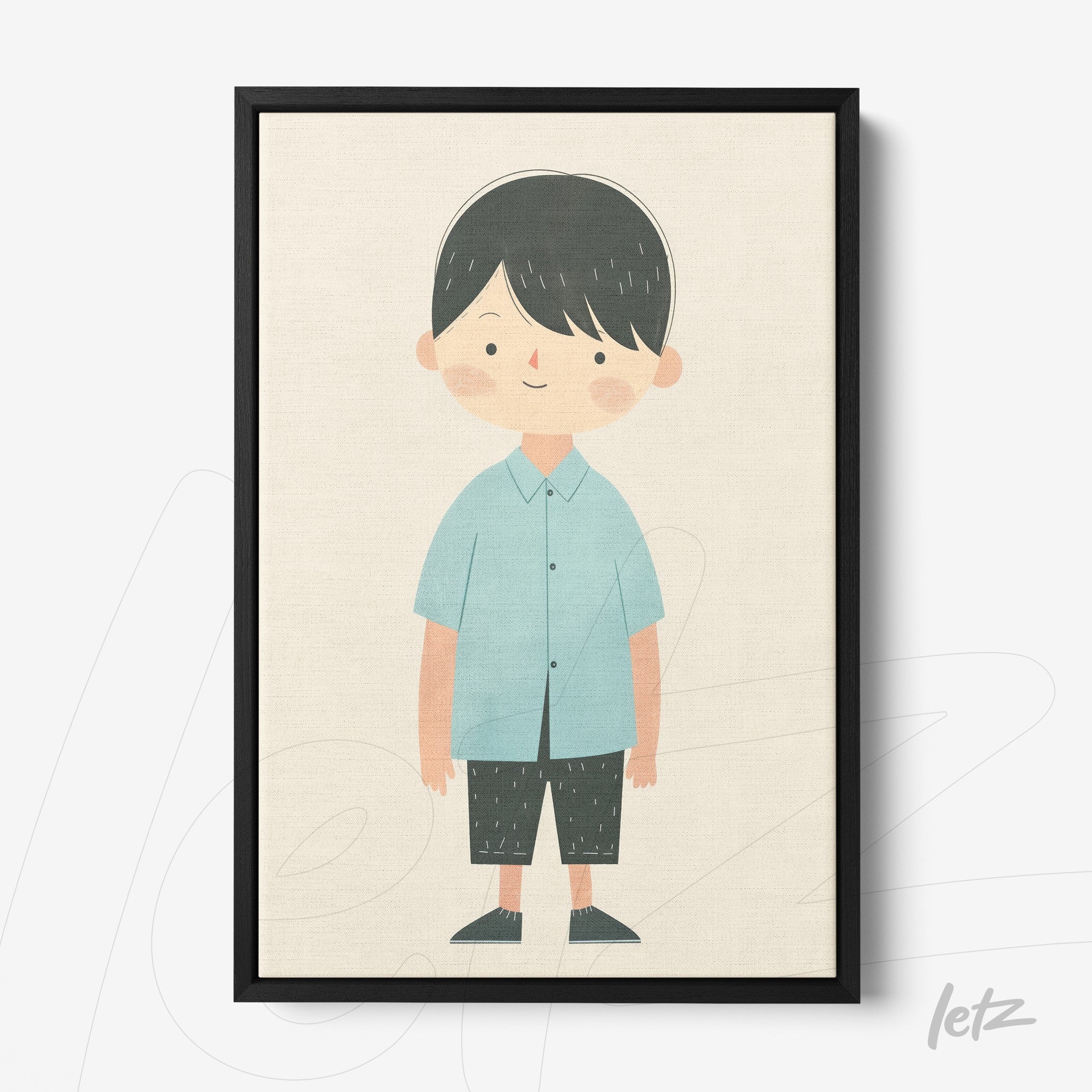 quadro com ilustração mínima de menino com camisa azul e calças pretas em moldura preta