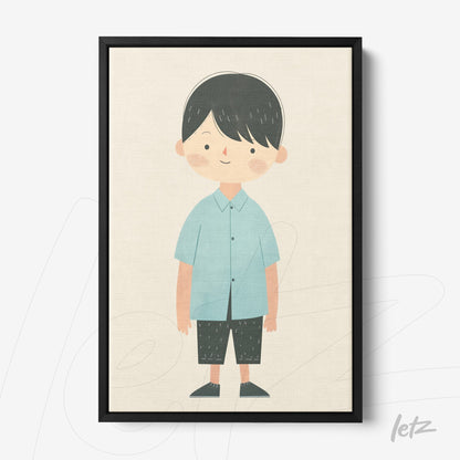 quadro com ilustração mínima de menino com camisa azul e calças pretas em moldura preta