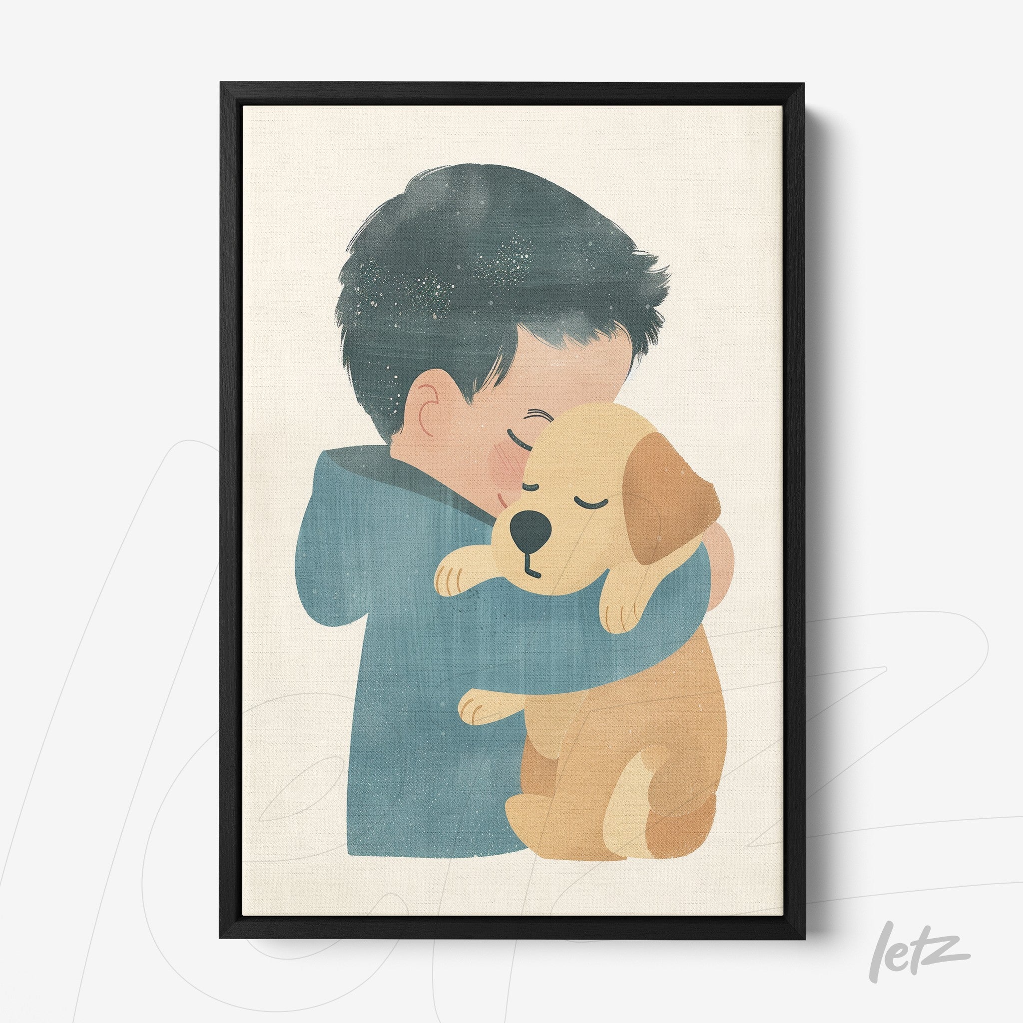 quadro com arte infantil de menino abraçando cachorro em moldura preta