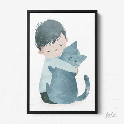 quadro com ilustração infantil de menino abraçando gato cinza em moldura preta