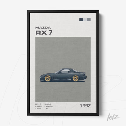 quadro com arte vetorial do carro Mazda RX 7 em fundo cinza, moldura preta