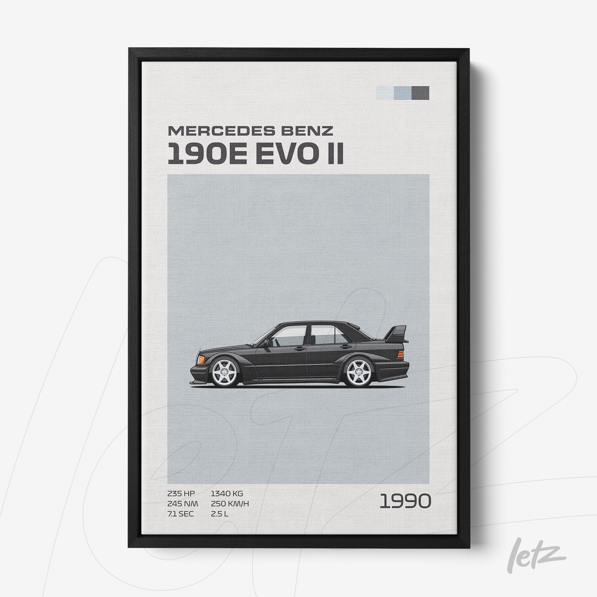 quadro em moldura preta apresentando ilustração do carro Mercedes Benz 190E EVO II com fundo cinza e informações sobre potência e peso