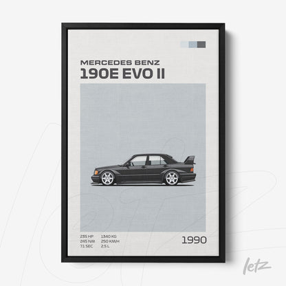 quadro em moldura preta apresentando ilustração do carro Mercedes Benz 190E EVO II com fundo cinza e informações sobre potência e peso