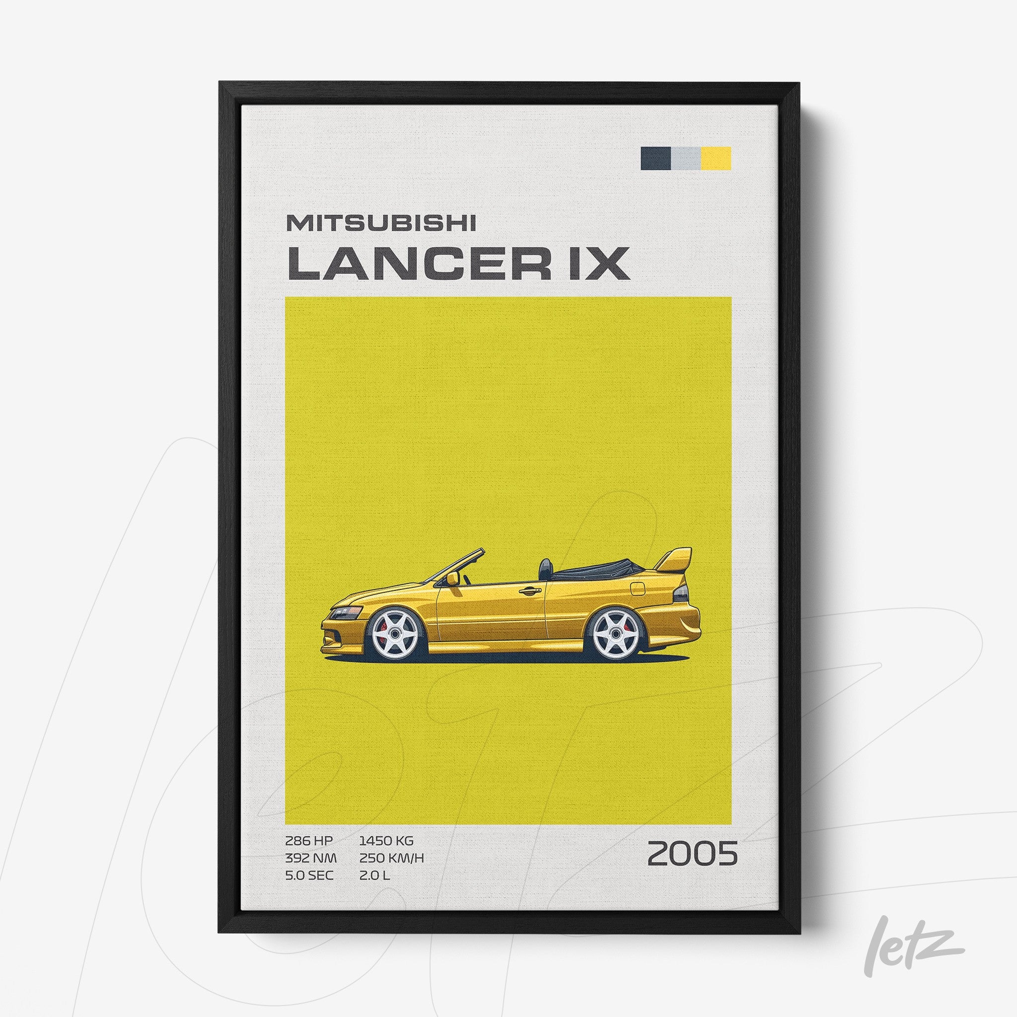 quadro com arte gráfica de carro esportivo Mitsubishi Lancer IX em fundo amarelo vibrante e moldura preta