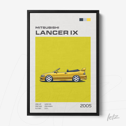 quadro com arte gráfica de carro esportivo Mitsubishi Lancer IX em fundo amarelo vibrante e moldura preta