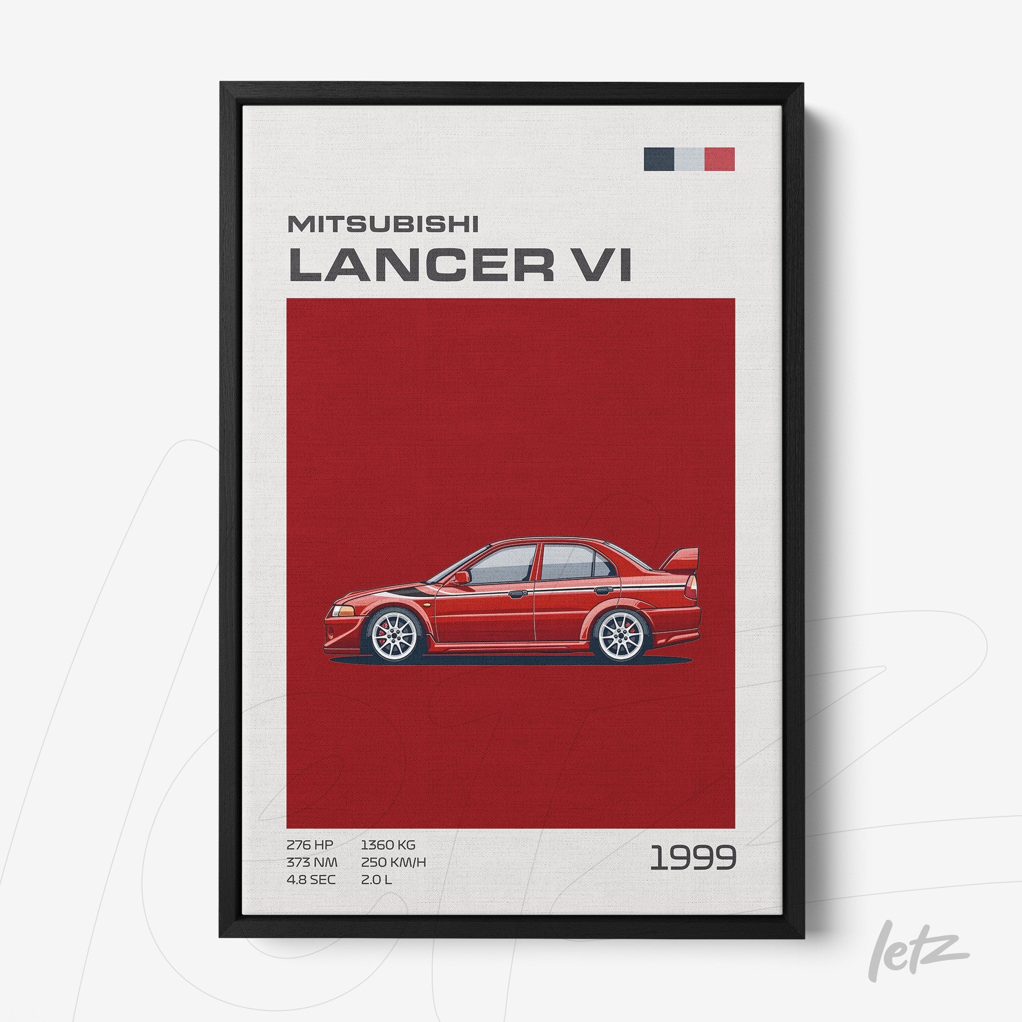 quadro com arte digital do carro Mitsubishi Lancer VI em moldura preta, fundo vermelho sólido