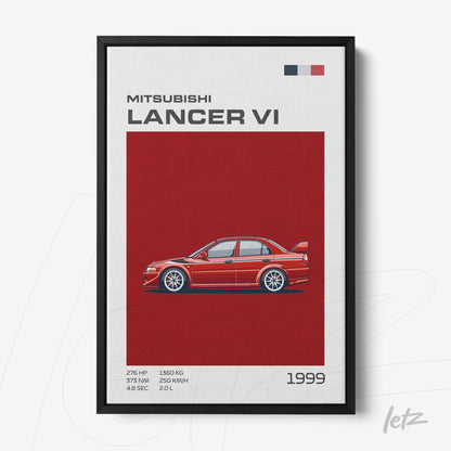 quadro com arte digital do carro Mitsubishi Lancer VI em moldura preta, fundo vermelho sólido