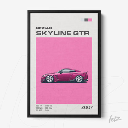 quadro com arte de carro esportivo Nissan Skyline GTR em fundo rosa com moldura preta