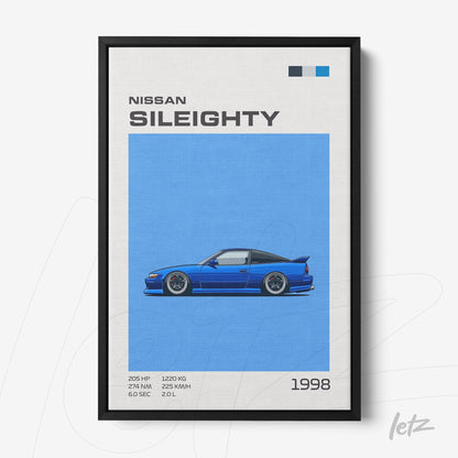 quadro com ilustração de um carro Nissan Sil80 em fundo azul vibrante e moldura preta
