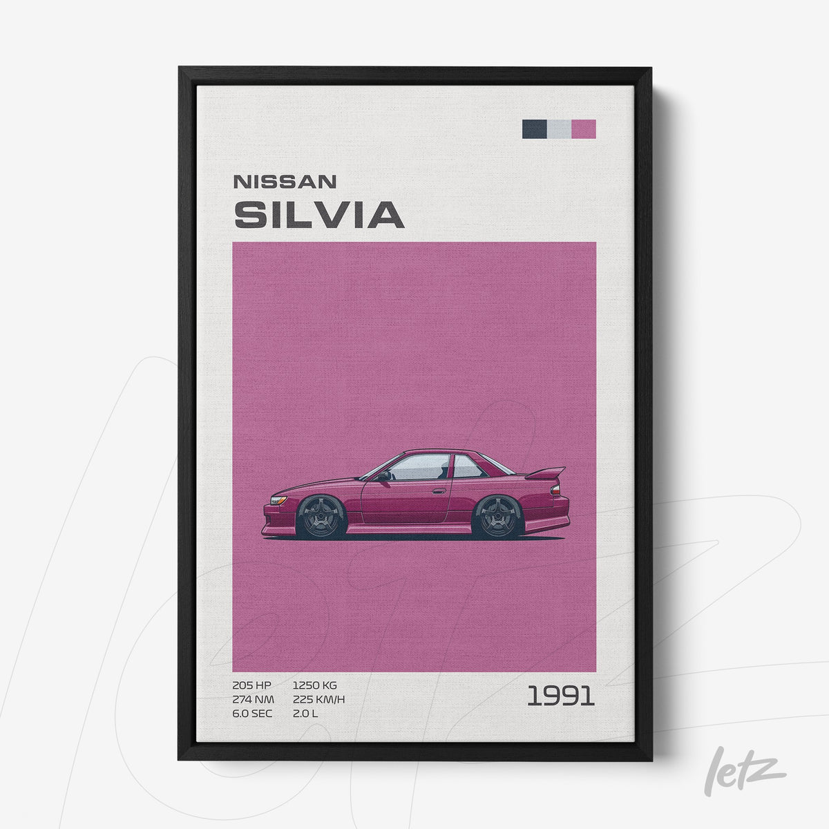 quadro com arte digital do carro Nissan Silvia em fundo rosa com moldura preta