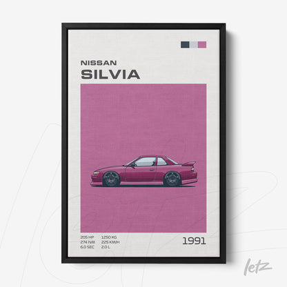 quadro com arte digital do carro Nissan Silvia em fundo rosa com moldura preta