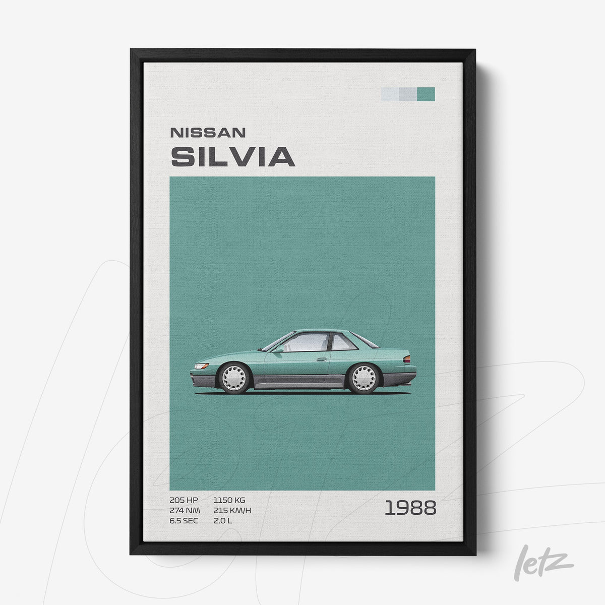 quadro com arte gráfica do carro Nissan Silvia de 1988 em fundo azul e moldura preta