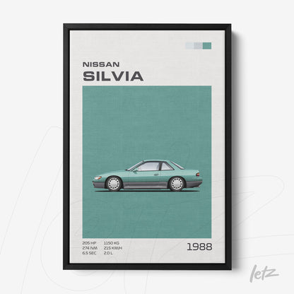 quadro com arte gráfica do carro Nissan Silvia de 1988 em fundo azul e moldura preta