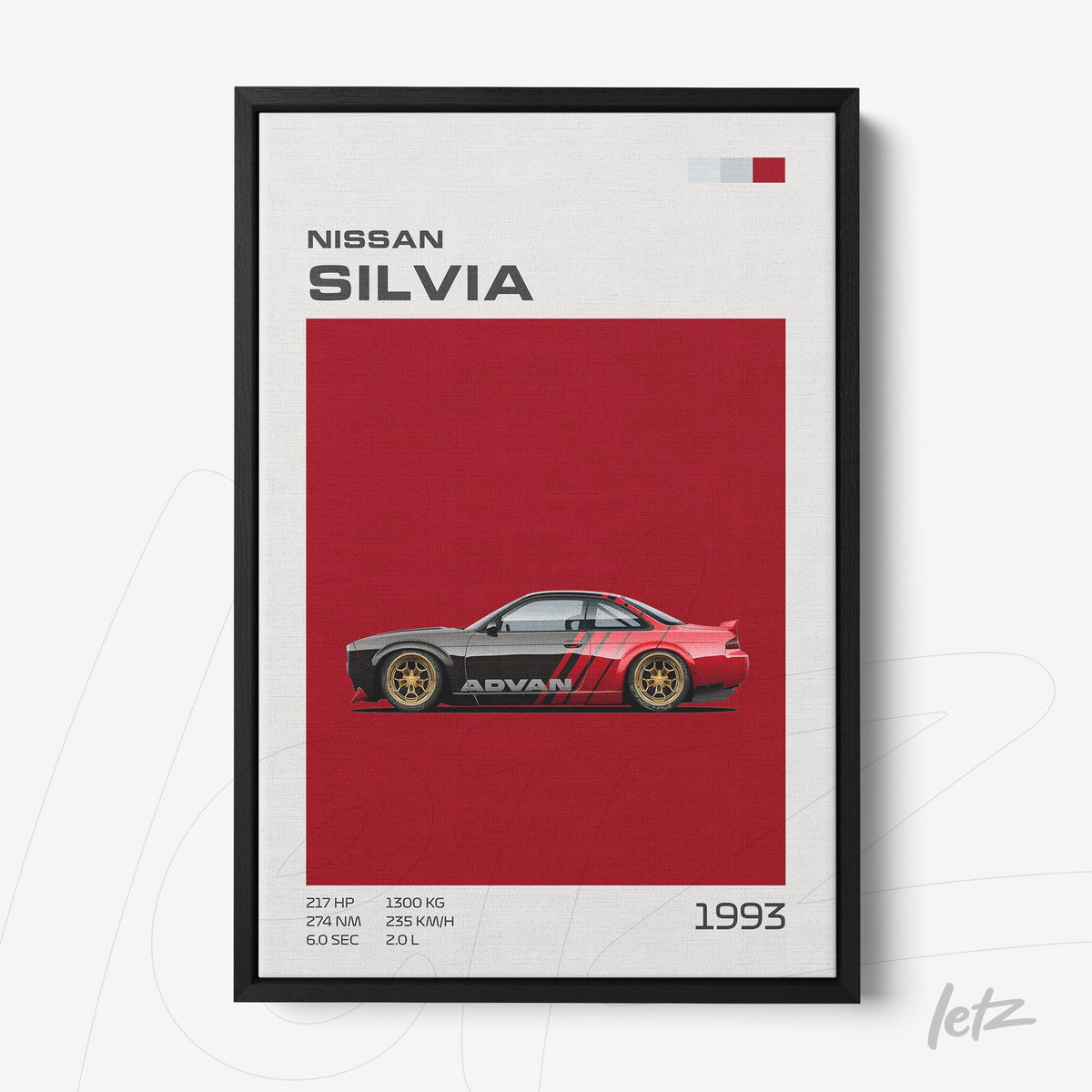 quadro com arte digital do carro Nissan Silvia de 1993, moldura preta e fundo vermelho