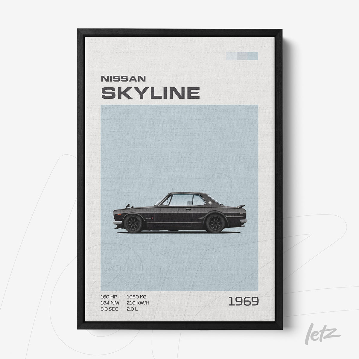quadro com ilustração minimalista do carro Nissan Skyline de 1969 em moldura preta