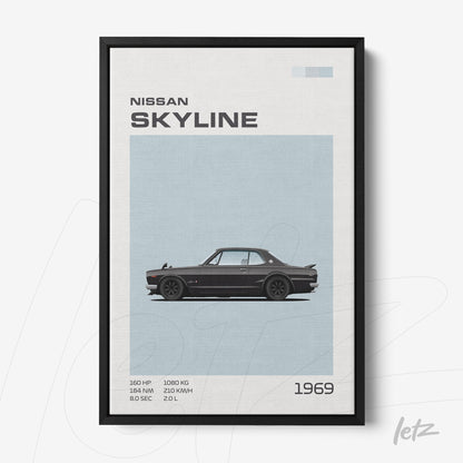 quadro com ilustração minimalista do carro Nissan Skyline de 1969 em moldura preta