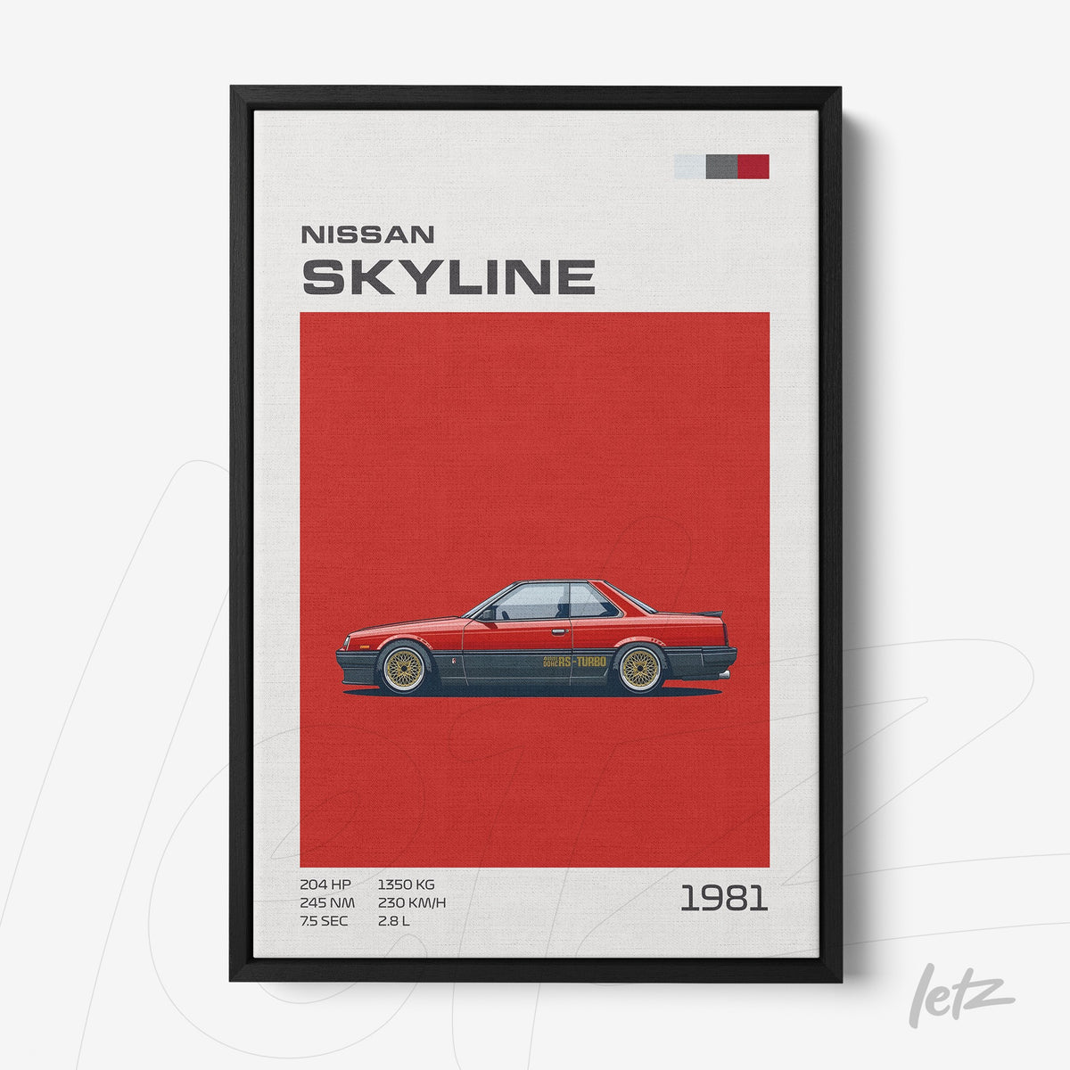 quadro com ilustração do carro Nissan Skyline de 1981 em fundo vermelho com detalhes em branco e preto