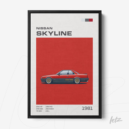 quadro com ilustração do carro Nissan Skyline de 1981 em fundo vermelho com detalhes em branco e preto