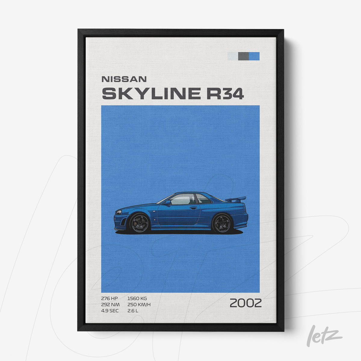 quadro com arte digital do carro Nissan Skyline R34 em moldura preta, fundo claro com informações técnicas