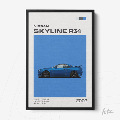 quadro com arte digital do carro Nissan Skyline R34 em moldura preta, fundo claro com informações técnicas